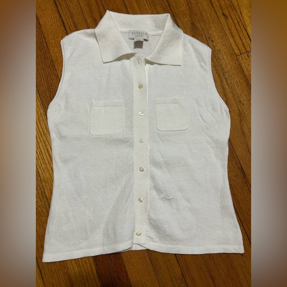 VTG Express Tricot Button Down Two Front Pocket Sleeveless  White